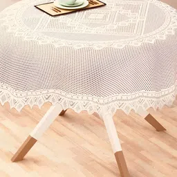 BIGGER FISH Beige & White Cotton 6 Seater Table Cover-43