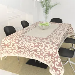 BIGGER FISH Beige Cotton 6-Seater Table Cover-image-17