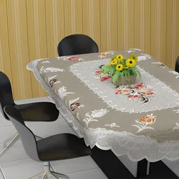 BIGGER FISH Beige & White Floral Cotton 6-Seater Table Cover-11