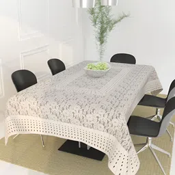 BIGGER FISH White Floral Rectangle Cotton 6-Seater Table Cover-image-60