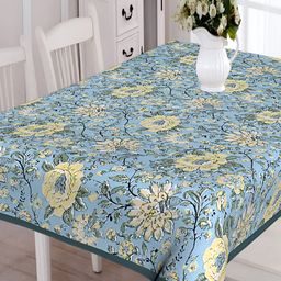 Texstylers Blue & Yellow Floral Anti Slip Cotton 6 Seater Table Cover-58