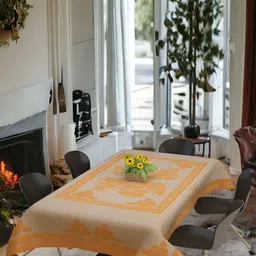BIGGER FISH Beige & Orange Cotton 6-Seater Table Cover-image-79