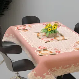 BIGGER FISH Peach & White Floral Rectangular Cotton 6-Seater Table Cover-9