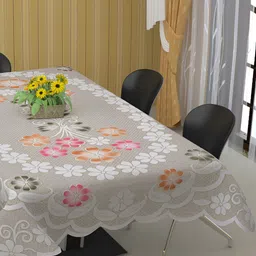 BIGGER FISH Beige Floral Embroidered Cotton 8-Seater Table Cover-image-76