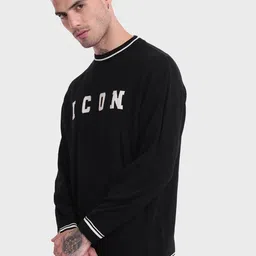 Bewakoof Men Jet Black ICON Typography Oversized Sweater-image-40