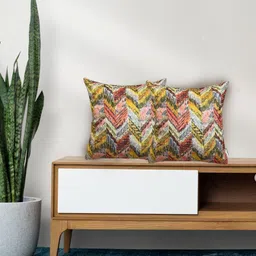 Tasseled Home Mustard & Pink 2 Pcs Geometric Velvet Square Cushion Covers-image-99
