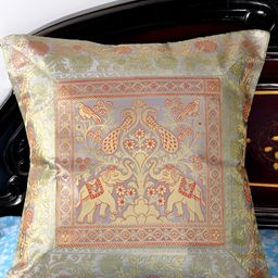 Lal Haveli Grey & Gold Toned Ethnic Motif Silk Square Cushion Cover-image-91
