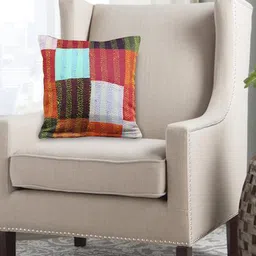 ArtEastri Red & Blue Vintage Silk Kantha patchwork Cushion Cover-image-87