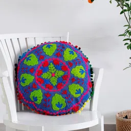 HANDICRAFT PALACE Blue & Green Embroidered Pure Cotton Round Cushion Cover-image-6