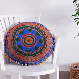 HANDICRAFT PALACE Grey & Blue Embroidered Cotton Round Cushion Cover-image-16