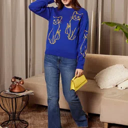 Berrylush Cat Printed Acrylic Pullover Sweater-image-3