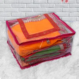 Kuber Industries Transparent & Pink Solid Saree Organiser-46