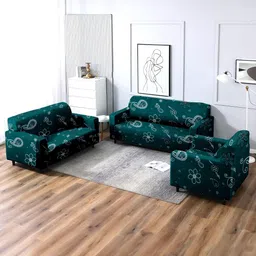 Cortina 3 Pcs Teal Green & White Ethnic Motifs Printed Stretchable Sofa Cover Set-picture-11
