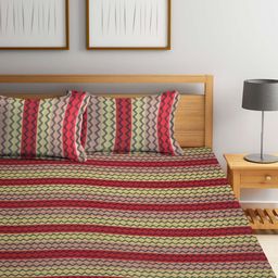 FABINALIV Red & Yellow Woven Design Pure Cotton Double King Bed Cover With 2 Pillow Covers-1