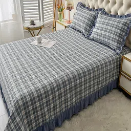 JC HOME Blue Checked 162 TC Double Bed Cover With 2 Pillow Covers-image-33