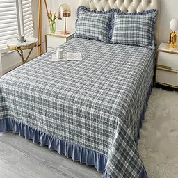 JC HOME Blue Checked 162TC Double King Bed Cover With 2 Pillow Covers-image-87