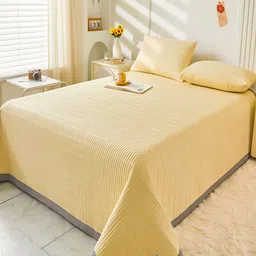 JC HOME Yellow & Grey Printed 162 TC Double Queen Bed Cover With 2 Pillow Covers-image-34