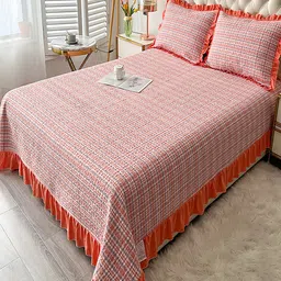 JC HOME Red Checked 162TC Double XL Bed Cover With Pillow Cover-image-81