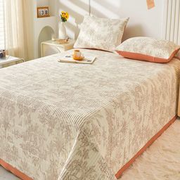 JC HOME Peach Coloured & Beige Floral Printed Double King Bed Cover & Pillow Covers-image-50