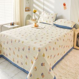 JC HOME Beige  Blue Conversational Double Queen Bed Cover With 2 Pillow Covers-image-77