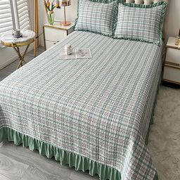 JC HOME Green  White Checked 162 TC Double King Bed Cover With Pillow Covers-image-96