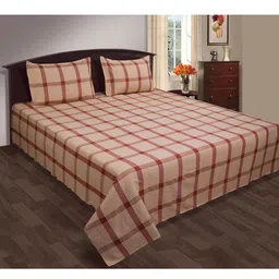 SHADES of LIFE Beige & Red Checked Double Queen Pure Cotton Handloom Bedcover With 2 Pillow Cover-image-8