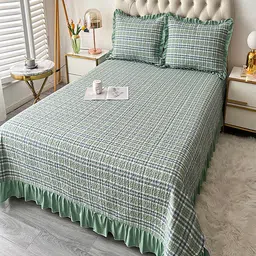 JC HOME Green & White Checked 160 GSM Superking Bed Cover With 2 Pillow Covers-image-17