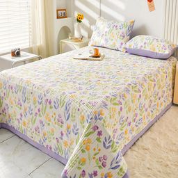 JC HOME Purple  White Printed Single Bed Cover With 2 Pillow Covers-image-42