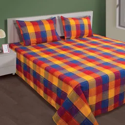 SHADES of LIFE Red & Blue Checked Cotton Double Bed Cover With 2 Pillow Covers-5