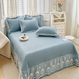 JC HOME Blue Quilted 162 TC Double XL Bed Cover With 2 Pillow Covers-image-72