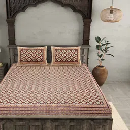 BED-SHEET.COM Red & Peach Ethnic Motifs Cotton 240 TC King Bedsheet with 2 Pillow Covers-7