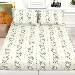 THE WHITE MOSS Cream-Coloured & Purple Floral 130 TC Queen Bedsheet with 2 Pillow Covers-image-52