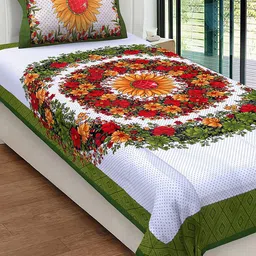 Urban Magic White & Green 104 TC Single Bedsheet with 1 Pillow Covers-image-26