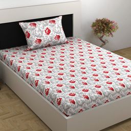 Divine Casa Emerald Red Floral Cotton 144 TC Single Bedsheet with 1 Pillow Covers-image-30