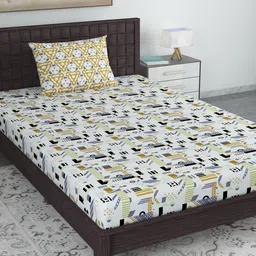 Divine Casa White & Green Printed 120 TC Single Bedsheet with 1 Pillow Cover-image-44