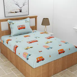BREVARD Blue & Red Conversational 180 TC Single Bedsheet with 1 Pillow Cover-image-111