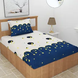 BREVARD Navy Blue Cotton Fitted 210 TC Single Bedsheet With 1 Pillow Cover-picture-32