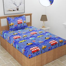 BREVARD Blue Printed 210 TC Fitted Single Bedsheet with 1 Pillow Cover-7