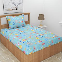 BREVARD Blue Conversational Polycotton 210 TC Single Bedsheet with 1 Pillow Cover-image-98