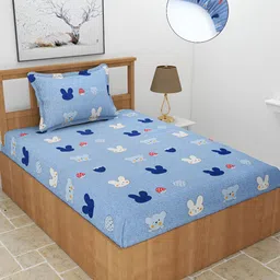 BREVARD Blue Cotton 210 TC Single Fitted Bedsheet with 1 Pillow Covers-image-27