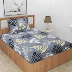 BREVARD Maple Grey Flat Floral Polycotton 210 TC Single Bedsheet with Pillow Cover-image-50