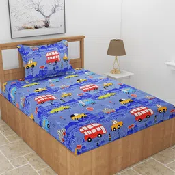 MORADO Blue & Red Conversational 210 TC Single Bedsheet with 1 Pillow Covers-image-51
