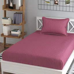 Bromwick Mauve Striped Cotton 210 TC Single Bedsheet With 1 Pillow Cover-image-9