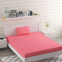 Bromwick Pink Striped Cotton 210 TC Single Bedsheet with 1 Pillow Covers 110 GSM-image-42
