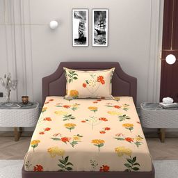 Bromwick Orange Floral 250 TC Single Bedsheet with 1 Pillow Covers-image-30