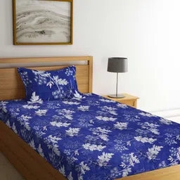Arrabi Blue & Black Floral 300 TC Flat Single Bedsheet with 1 Pillow Cover-image-82