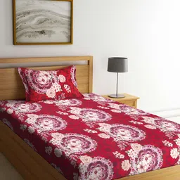 Arrabi Red & Beige Floral 300 TC Single Bedsheet with 1 Pillow Covers-21