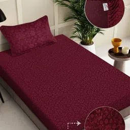 FABINALIV Maroon Floral 300 TC Embossed Fitted Single Bedsheet with 1 Pillow Covers-image-87