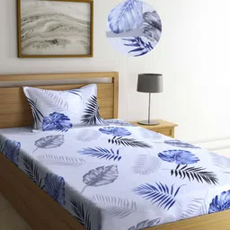 Arrabi White Leaf 300 TC Cotton Blend Single Size Fitted Bedsheet with 1 Pillow Cover-image-80