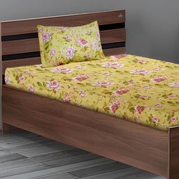 Stylista Yellow Floral 400 TC Fitted Single Bedsheet with 1 Pillow Covers-image-93